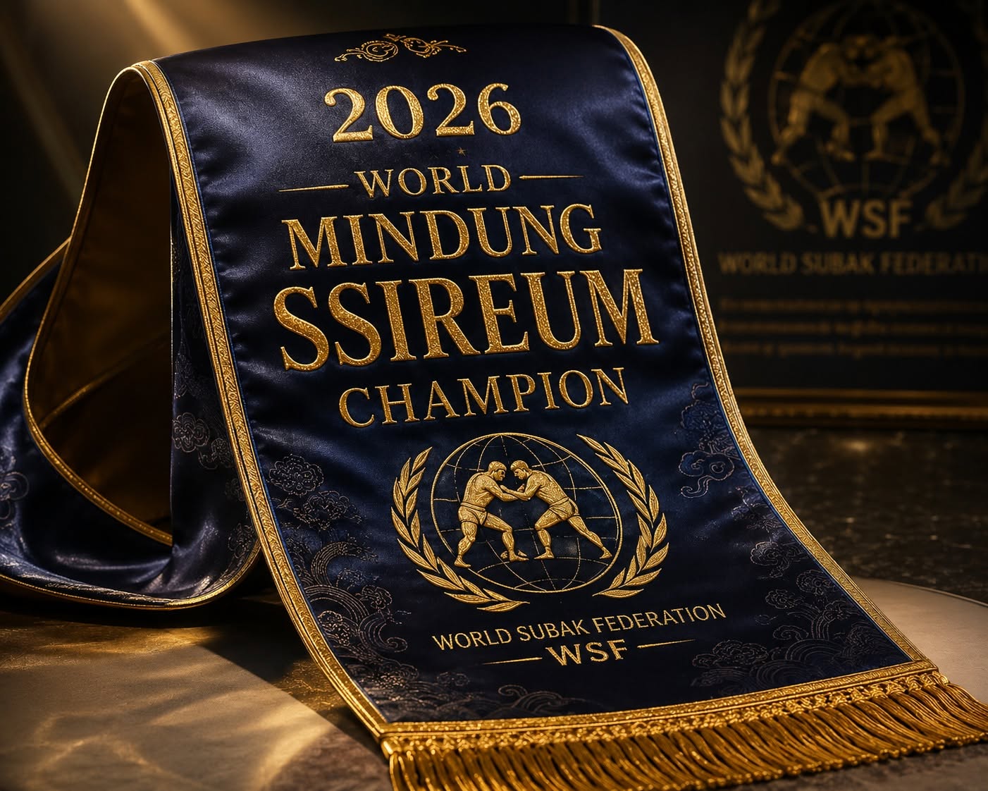 Navy and gold embroidered 2026 World Mindung Ssireum Champion ceremonial sash