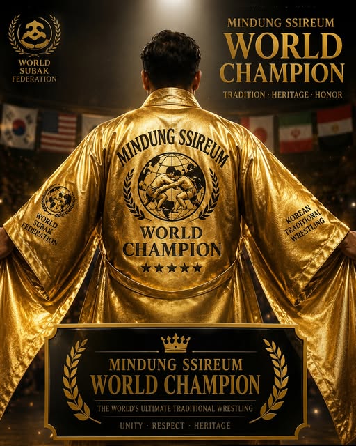 Mindung Ssireum World Champion in a golden championship robe before an arena of national flags